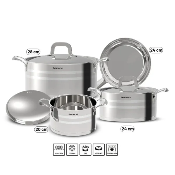 Daewoo 18/10 Stainless Steel Cookware Set of 7 Pcs (28, 24, 20 cm Pots, 24cm Pan) - DCC SS7C